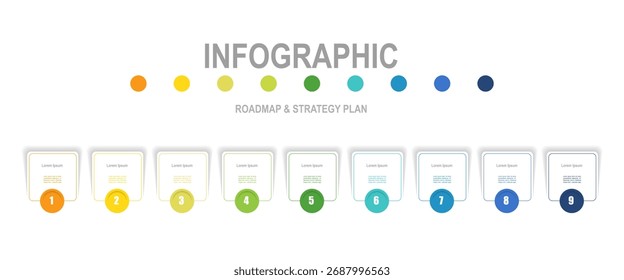 Para concepto de negocio con infografía de 9 pasos, forma de rectángulo con etiqueta multicolor, diseño para diseño de flujo de trabajo, diagrama, informe anual, Diseño web. Ilustración vectorial