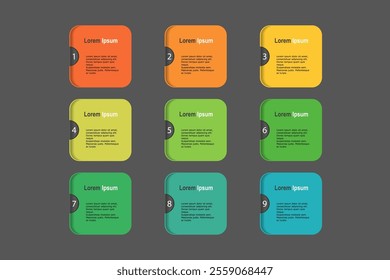 business concept with 9 steps, multicolor rectangle on grey background design for workflow layout, diagram, annual report, web design. Creative banner,  vector