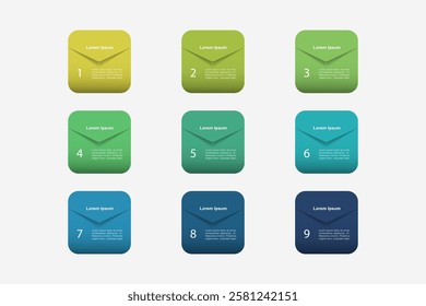 business concept with 9 steps, multicolor rectangle ,design for workflow layout, diagram, annual report, web design. vector