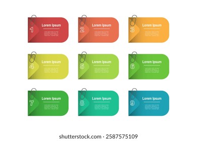 business concept with 9 steps,  multicolor  rectangle shape and label ,design for workflow layout, diagram, annual report, web design. vector
