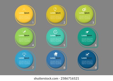 business concept with 9 steps,  shape and multicolor label ,design for workflow layout, diagram, annual report, web design. vector