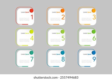 business concept with 9 steps, white rectangle shape with colorful label design for workflow layout, diagram, annual report, web design. Creative banner,  vector