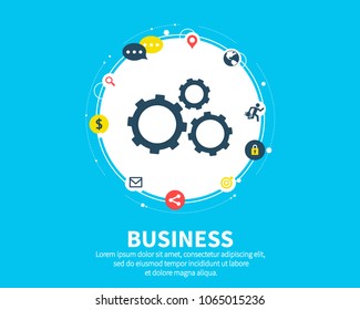 Business concept. Abstract background with connected gears and icons for strategy, service, analytics, research, seo, digital marketing, communicate concepts. Vector infographic illustration