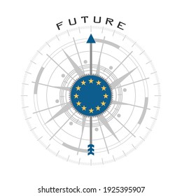 Business concept. Abstract compass points to the future word. Flag of the European Union.