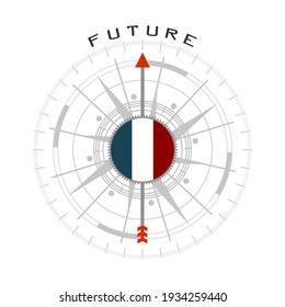 Concepto de negocio. La brújula abstracta apunta a la palabra futura. Bandera de Francia.