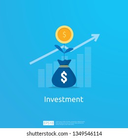 Business concept of achievement goal. Return on investment ROI vision. growth arrows to success. graph chart increase profit with money bag. Finance stretching rising up. banner flat style.