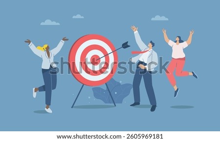 Business concept of achieving goal. Business team jumping for joy, Arrow hitting target successfully, Career success, Corporate business success, Flat vector design illustration.
