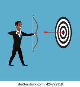 Business concept. African American Businessman shot an arrow from a bow. Successful businessman in brown suit, white shirt, gray tie. Red arrow hit the center of a black and white target. Vector