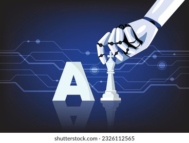 Concepto De Negocio Para El Aprendizaje Automático De La IA. Obra de ajedrez movida a mano robótica. Concepto de aprendizaje automático. Inteligencia Artificial. Ilustración del vector