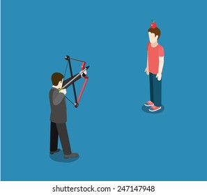 Business concept aim to competitor target flat 3d web isometric infographic vector. Businessman archer point bow arrow to apple on head. Creative people collection.