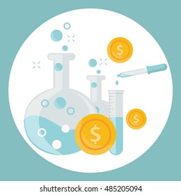 Business concept of alchemy experiment for generating money and ideas with laboratory equipments in flat design.