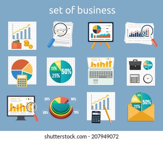 Business concept of analytics. Stand with charts and parameters. Set of various financial service items, business management symbol, marketing items and office equipment