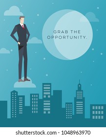 Business Concept Artwork, Vector Flat Design, Grab the Opportunity, Business Man on the Cloud and City Background, Work People Character Concept