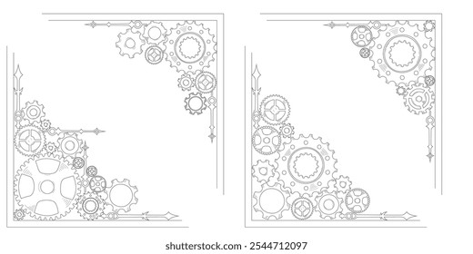 Business concept background with doodle sketch-style hand-drawn cogwheel gears, colorful frame, corner, and border emphasizing teamwork and progress.