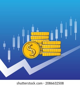 Business concept background with US dollar coins stack and upping graph, money currency trading.