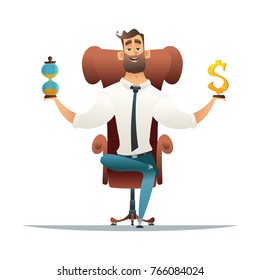 Business concept. Balance with time and money. Businessman sitting on armchair.Cartoon style vector illustration