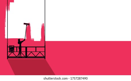 Business concept banner. A girl with a roller in her hands paints a wall on a suspended elevator. Vector illustration.