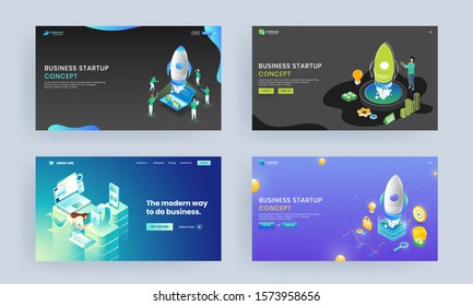 Business concept based landing page set with fast working employee in different platform and successful project launching a rocket of company growth.
