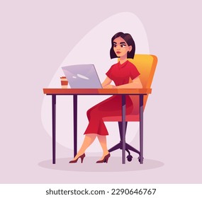 Business concept. Beautiful Woman Working with Laptop. Office Worker, Employee. Secretary's Day Celebration. Vector Illustration in Cartoon Style.