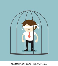 Business concept, blindfold businessman in the jail. Vector illustration.