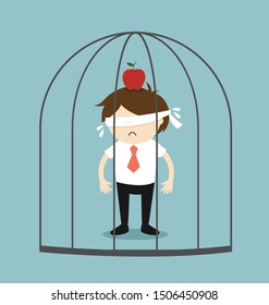 Business concept, Blindfolded businessman has an apple on his head and stucking in jail. Vector illustration.