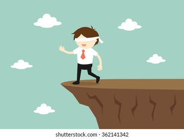 Business concept, Blindfolded businessman is walking to the cliff. Vector illustration.