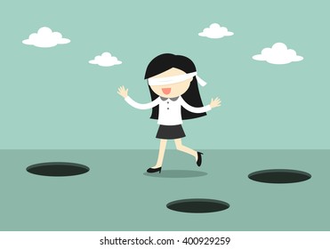 Business concept, Blindfolded business woman is walking. Vector illustration.