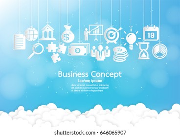 Business Concept with blue sky background. Paper Business Chain. paper chain of various elements. Vector illustration