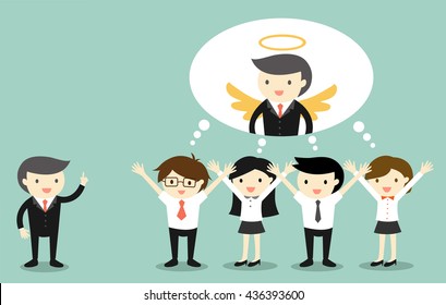 Business concept, Boss gives compliment to business people and they are thinking that boss is an angel. Vector illustration