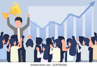 Business concept. The boss shows the trophy with joy. The company makes a profit. The employees applaud.  Vector illustration EPS10.