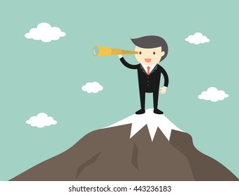 Business concept, Boss/Businessman using his telescope while standing on the top of the mountain. Vector illustration.