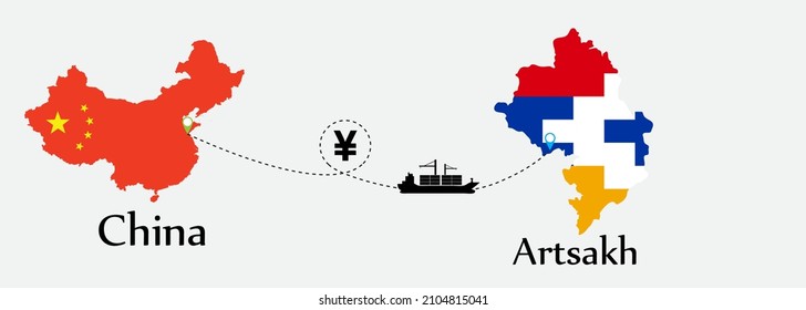 Business concept of both country. Ship transport from China go to Artsakh. And flags symbol on maps. EPS.file.Cargo ship.