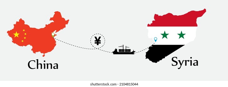 Business concept of both country. Ship transport from China go to Syria. And flags symbol on maps. EPS.file.Cargo ship.