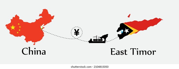 Business concept of both country. Ship transport from China go to East Timor. And flags symbol on maps. EPS.file.Cargo ship.