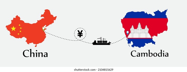 Business Concept Of Both Country. Ship Transport From China Go To Cambodia. And Flags Symbol On Maps. EPS.file.Cargo Ship.