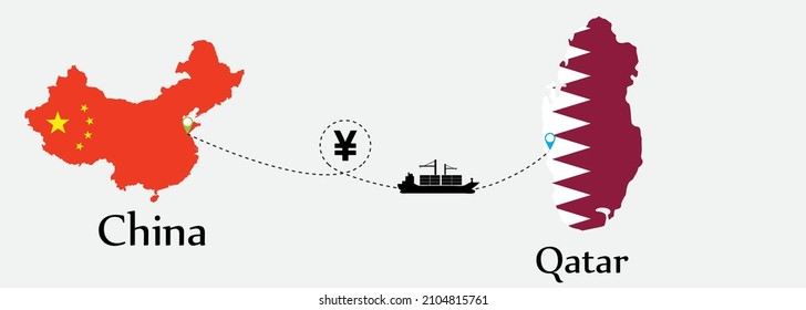 Business concept of both country. Ship transport from China go to Qatar. And flags symbol on maps. EPS.file.Cargo ship.