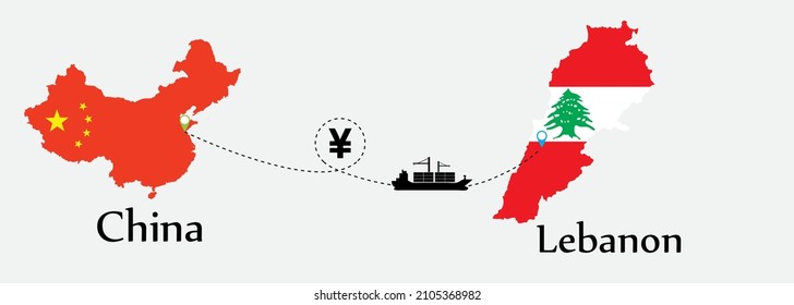Business concept of both country. Ship transport from China go to Lebanon. And flags symbol on maps. EPS.file.Cargo ship.