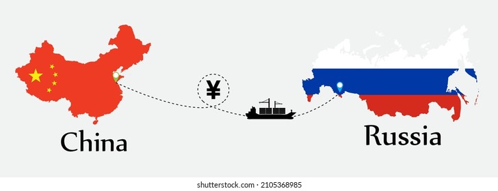 Business concept of both country. Ship transport from China go to Russia. And flags symbol on maps. EPS.file.Cargo ship.