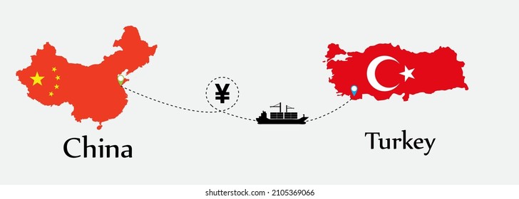 Business concept of both country. Ship transport from China go to Turkey. And flags symbol on maps. EPS.file.Cargo ship.