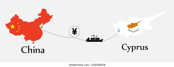 Business concept of both country. Ship transport from China go to Cyprus. And flags symbol on maps. EPS.file.Cargo ship.