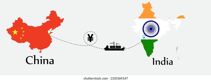 Business concept of both country. Ship transport from China go to India. And flags symbol on maps. EPS.file.Cargo ship.