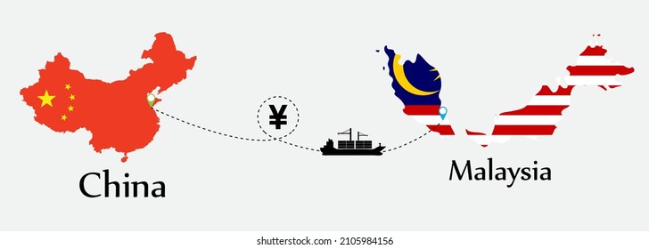 Business concept of both country. Ship transport from China go to Malaysia. And flags symbol on maps. EPS.file.Cargo ship.