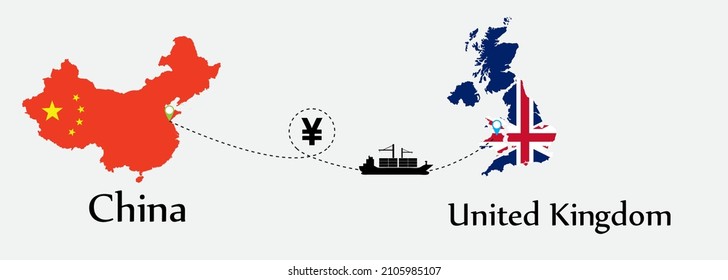 Business concept of both country. Ship transport from China go to United Kingdom. And flags symbol on maps. EPS.file.Cargo ship.
