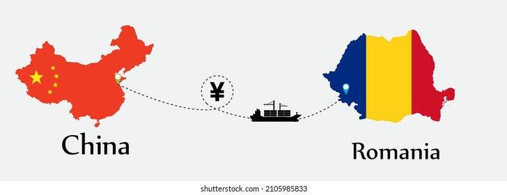 Business concept of both country. Ship transport from China go to Romania. And flags symbol on maps. EPS.file.Cargo ship.