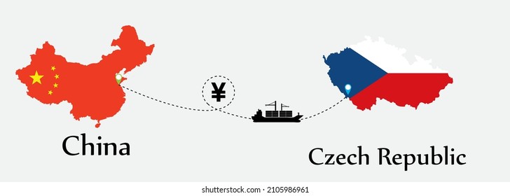 Business concept of both country. Ship transport from China go to Czech Republic. And flags symbol on maps. EPS.file.Cargo ship.