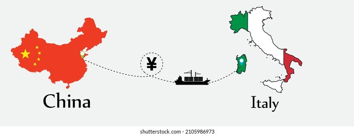 Business concept of both country. Ship transport from China go to Italy. And flags symbol on maps. EPS.file.Cargo ship.