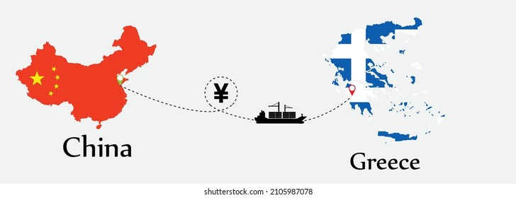 Concepto de negocio de ambos países. El transporte marítimo desde China va a Grecia. Y símbolo de banderas en los mapas. Buque EPS.file.Cargo.