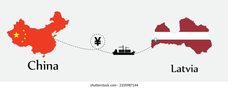 Business concept of both country. Ship transport from China go to Latvia. And flags symbol on maps. EPS.file.Cargo ship.
