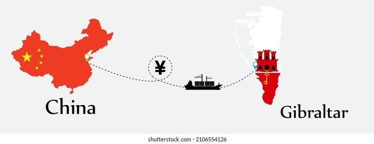 Business concept of both country. Ship transport from China go to Gibraltar. And flags symbol on maps. EPS.file.Cargo ship.