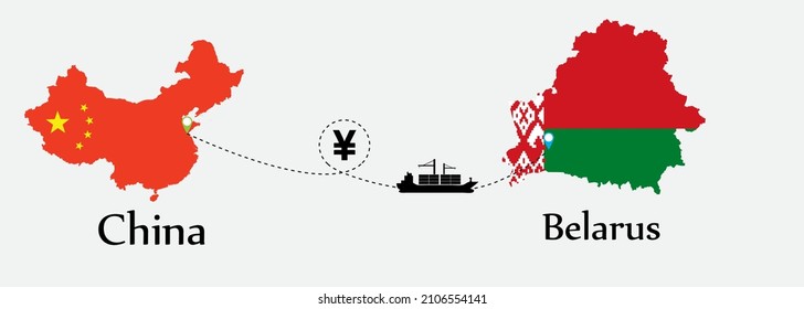 Business concept of both country. Ship transport from China go to Belarus. And flags symbol on maps. EPS.file.Cargo ship.